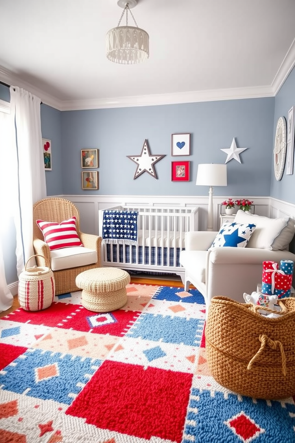 A bright area rug anchors the nursery, featuring playful patterns in cheerful colors that stimulate creativity. The soft texture invites comfort, making it an ideal spot for playtime and relaxation. Labor Day nursery decorating ideas incorporate red, white, and blue accents throughout the space. Thoughtful details like star-patterned cushions and vintage-inspired decor create a festive yet cozy atmosphere.