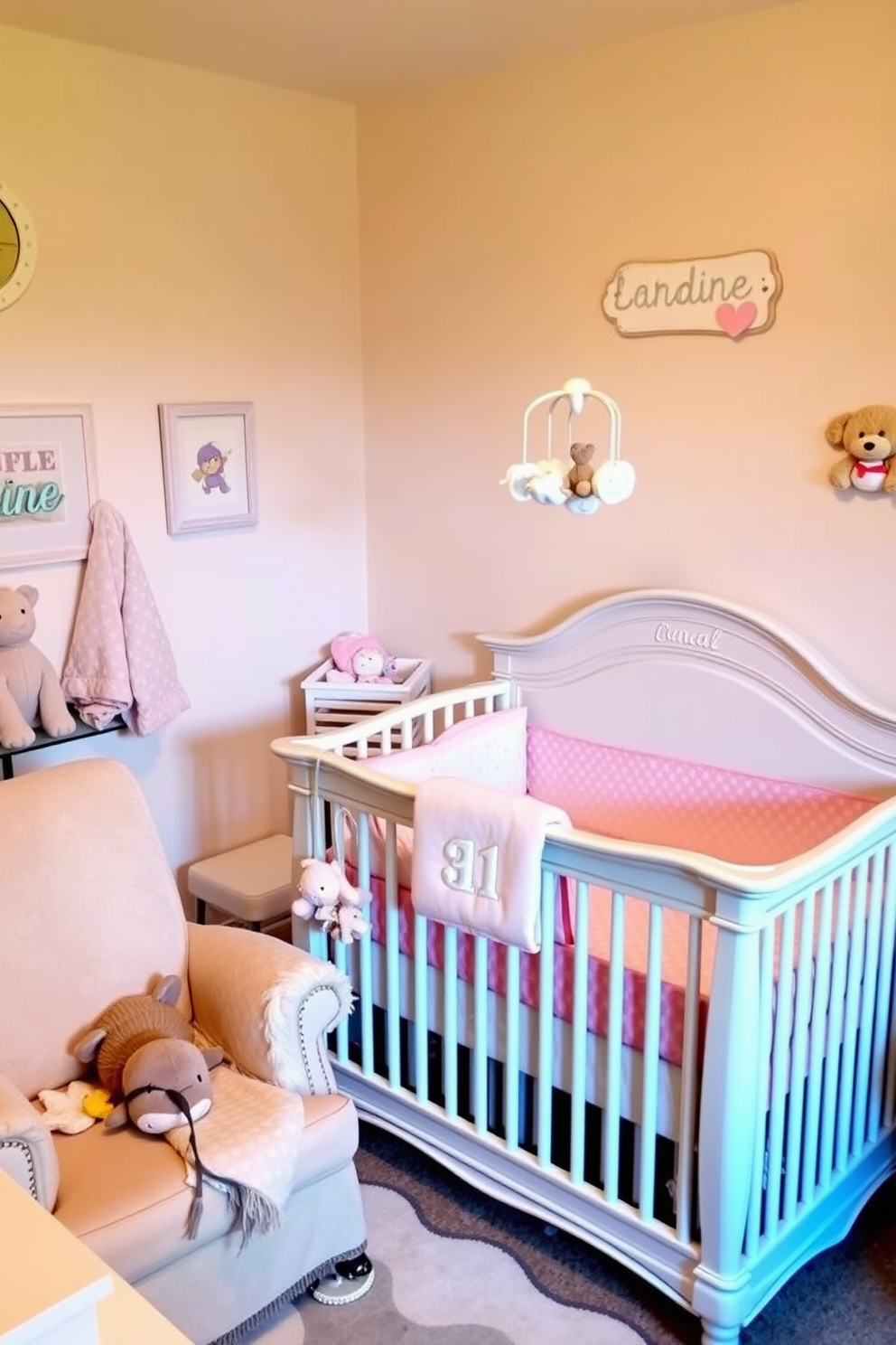 A charming nursery with a personalized name sign above the crib creates a warm and inviting atmosphere. Soft pastel colors adorn the walls, while plush toys and cozy blankets add a touch of comfort and whimsy. The crib is elegantly styled with matching bedding, and a mobile hangs gently overhead, providing visual stimulation. A cozy rocking chair sits in one corner, perfect for late-night feedings and soothing moments.