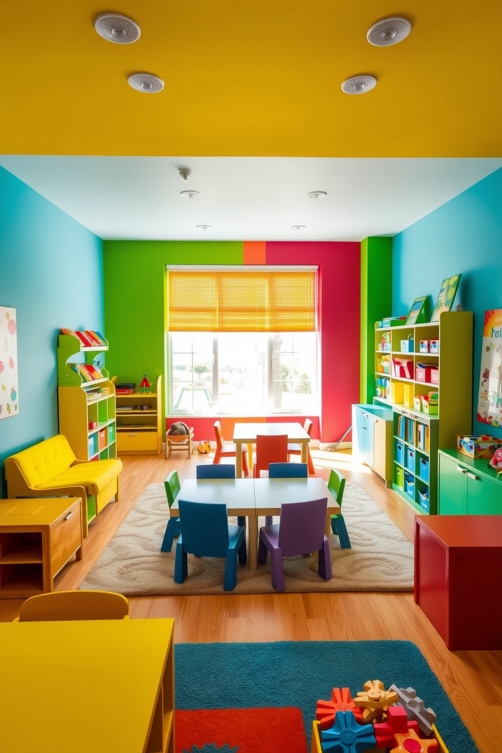 Bright primary color walls create an energetic and playful atmosphere in the space. The room features a variety of furniture pieces in complementary colors, including a large soft rug in the center for comfort and play. In one corner, there is a colorful activity table surrounded by chairs, perfect for arts and crafts. Shelves are filled with vibrant toys and books, encouraging creativity and engagement for children of all ages.