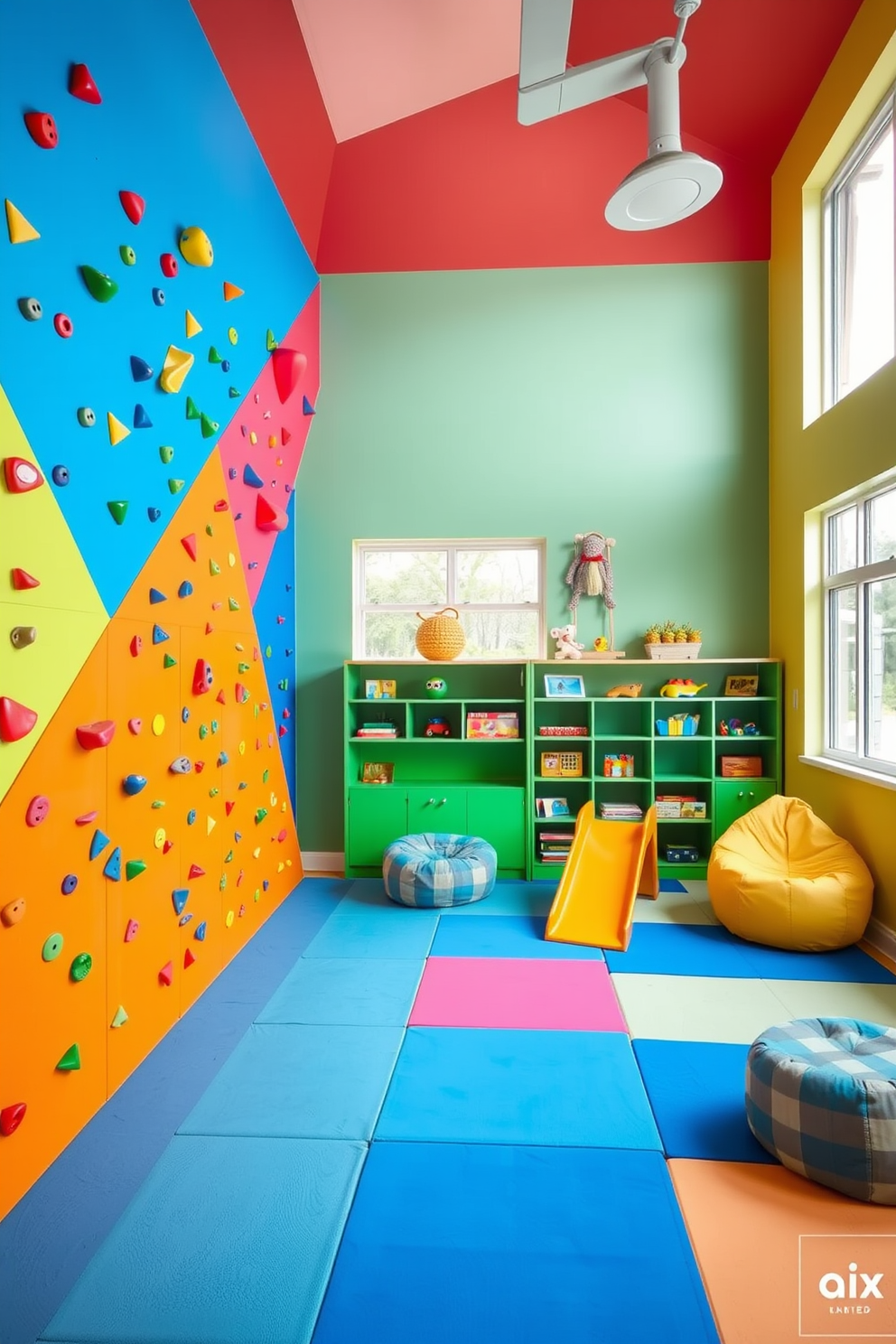 A vibrant playroom designed for active playtime features a colorful climbing wall with various grips and textures. The walls are painted in bright primary colors, and soft mats cover the floor for safety. The room includes playful decor such as oversized bean bags and a small slide for additional fun. Shelves are filled with toys and games, and large windows let in plenty of natural light to create an inviting atmosphere.