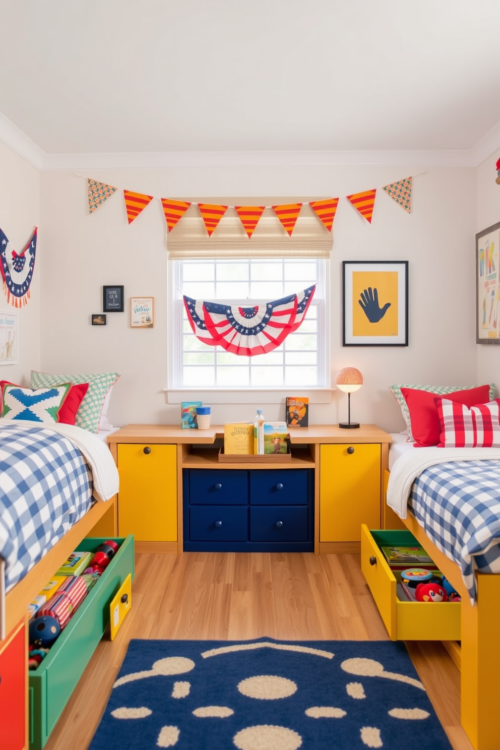 A playful and organized playroom featuring under-bed storage designed to hide toys. The beds have built-in drawers painted in bright colors, making them easily accessible for children while keeping the space tidy. Labor Day themed decorations adorn the walls with festive banners and playful artwork. A cozy reading nook with colorful cushions invites kids to relax and enjoy their favorite books.