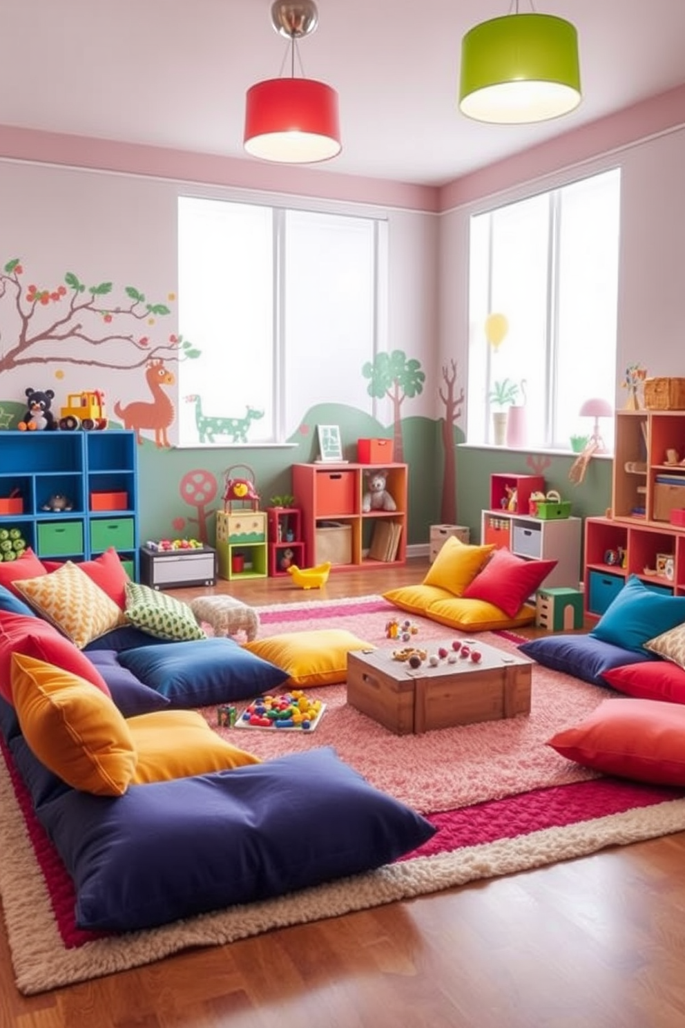 Create a vibrant playroom that features colorful floor cushions arranged for flexible seating options. The walls are adorned with playful murals, and a soft rug anchors the seating area to provide comfort and warmth. Incorporate a variety of toys and games that encourage creativity and interaction among children. Add cheerful lighting fixtures that enhance the playful atmosphere while ensuring the space is functional for both play and relaxation.