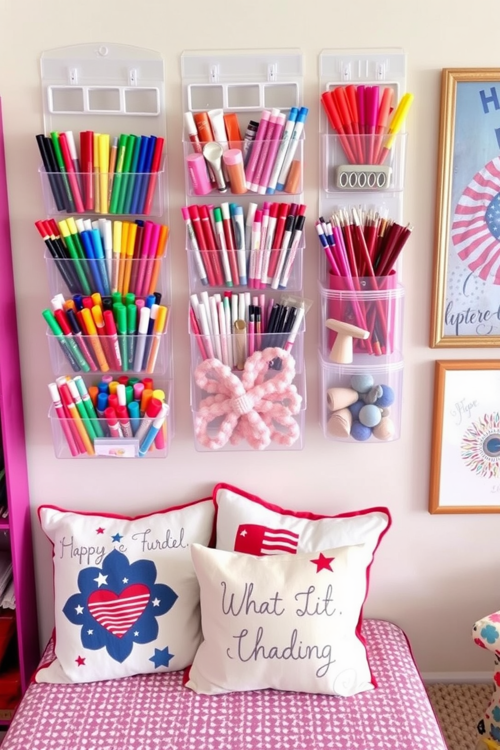 Hanging organizers for art supplies. The organizers are made of clear plastic and are mounted on a wall, showcasing colorful markers, paintbrushes, and various crafting tools. Labor Day Playroom Decorating Ideas. The playroom features a vibrant color palette with red, white, and blue accents, including themed cushions and wall art that celebrate the holiday.