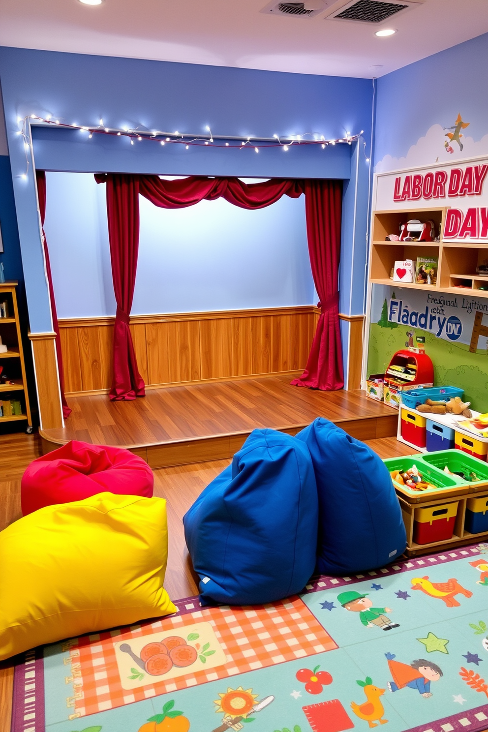 A cozy mini stage for performances and plays. The backdrop is painted in a soft blue with twinkling fairy lights strung across the top. The stage features a polished wooden floor and a curtain made of rich red velvet. There are colorful bean bags scattered in front for audience seating, creating an inviting atmosphere. A vibrant Labor Day playroom decorated with playful themes. The walls are adorned with bright murals of outdoor activities and seasonal elements. The room includes a large play mat with picnic designs and a cozy reading nook filled with cushions. Fun, themed toys are organized in colorful bins to encourage imaginative play.