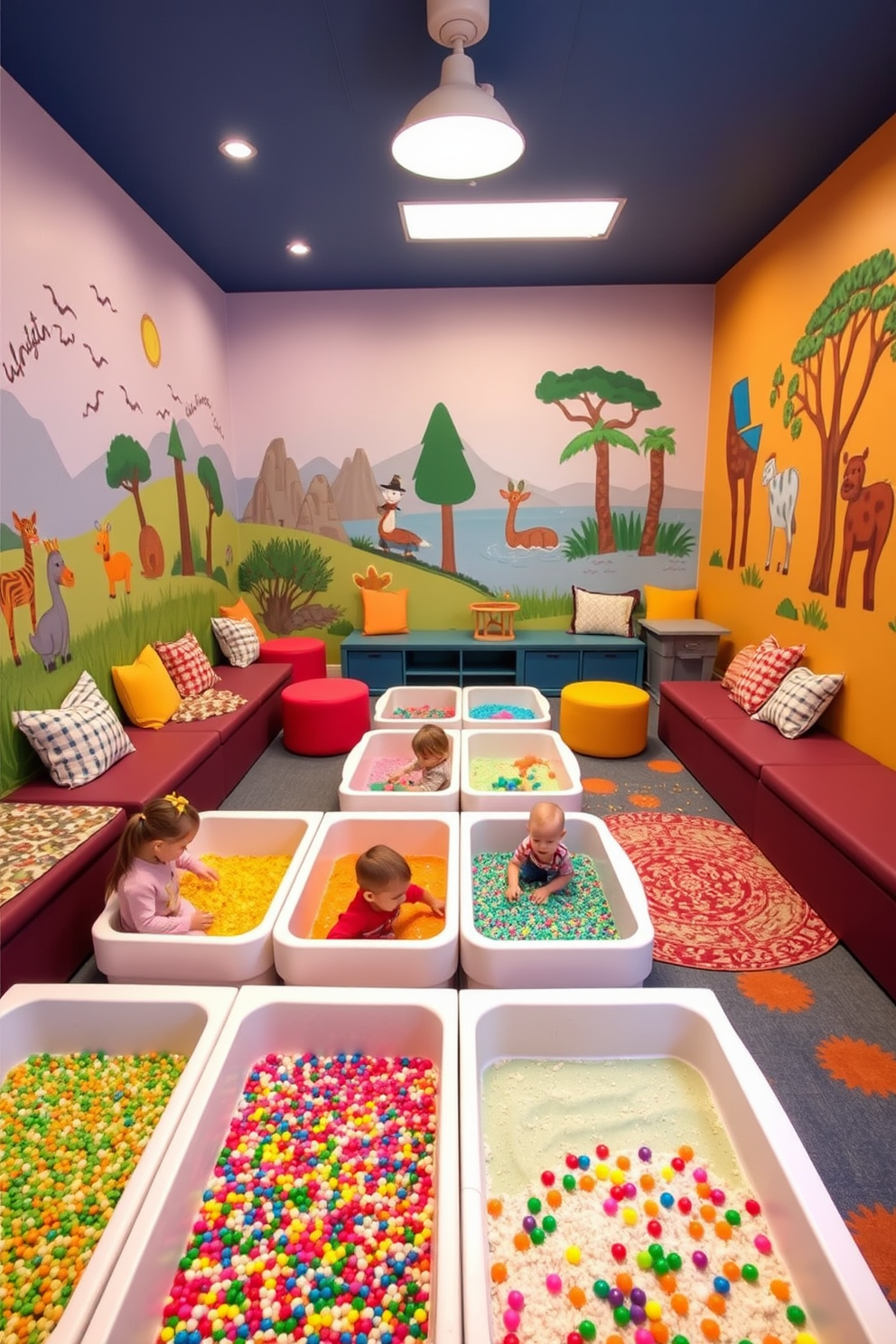 A vibrant playroom filled with sensory bins designed for tactile exploration. Each bin is filled with colorful materials like sand, rice, and water beads, inviting children to engage their senses and creativity. The walls are adorned with playful murals depicting scenes of nature and adventure. Cozy seating areas with soft cushions and playful rugs create a welcoming atmosphere for children to gather and play.