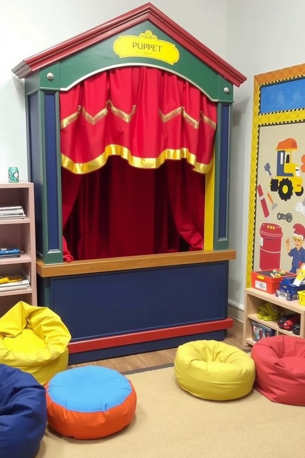 A whimsical puppet theater designed for imaginative storytelling. The stage features vibrant curtains in rich red and gold, surrounded by a charming wooden frame painted in playful colors. A cozy playroom decorated for Labor Day with cheerful themes. The space includes a bright mural of tools and construction vehicles, complemented by colorful bean bags and a soft rug for comfortable seating.