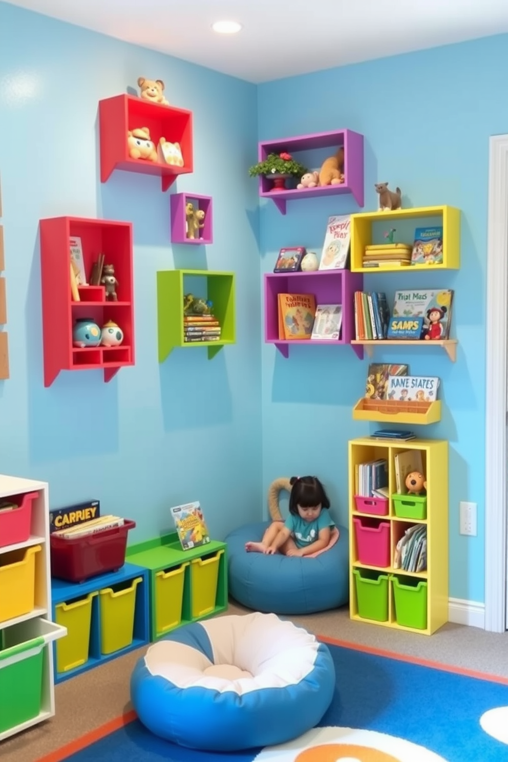 A vibrant playroom filled with creativity and fun. The walls are painted in a cheerful light blue, and colorful wall-mounted shelves are arranged at various heights to display toys and books. Brightly colored bins are placed below the shelves for easy storage of games and craft supplies. A cozy reading nook with a small bean bag chair is positioned in one corner, inviting children to relax and enjoy their favorite stories.