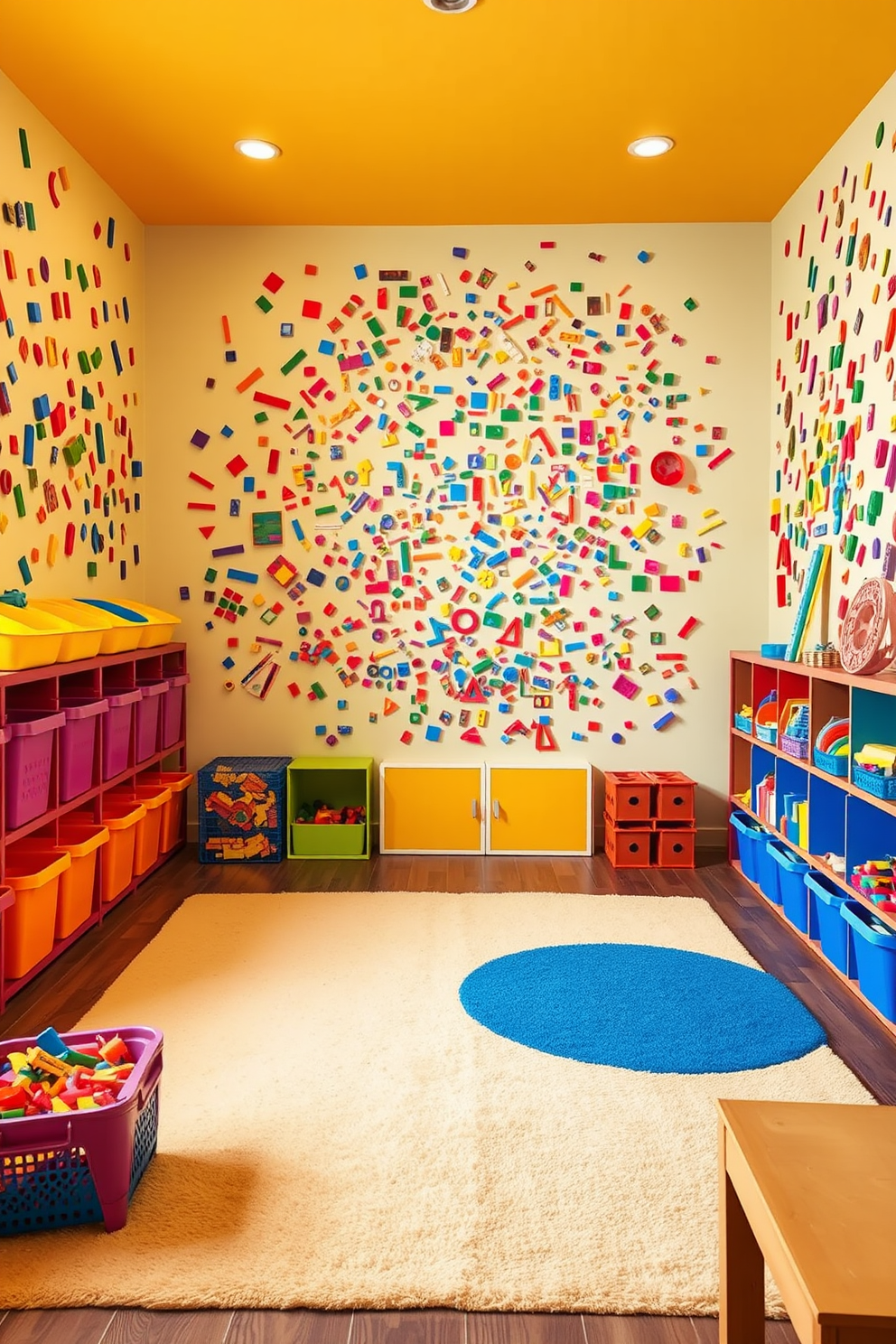 A vibrant playroom designed for creative building activities. The walls are covered in a magnetic paint, allowing for endless fun with magnetic tiles and toys. The space features a soft, colorful rug in the center, providing a comfortable area for play. Brightly colored storage bins are organized along the walls, filled with building blocks and art supplies.