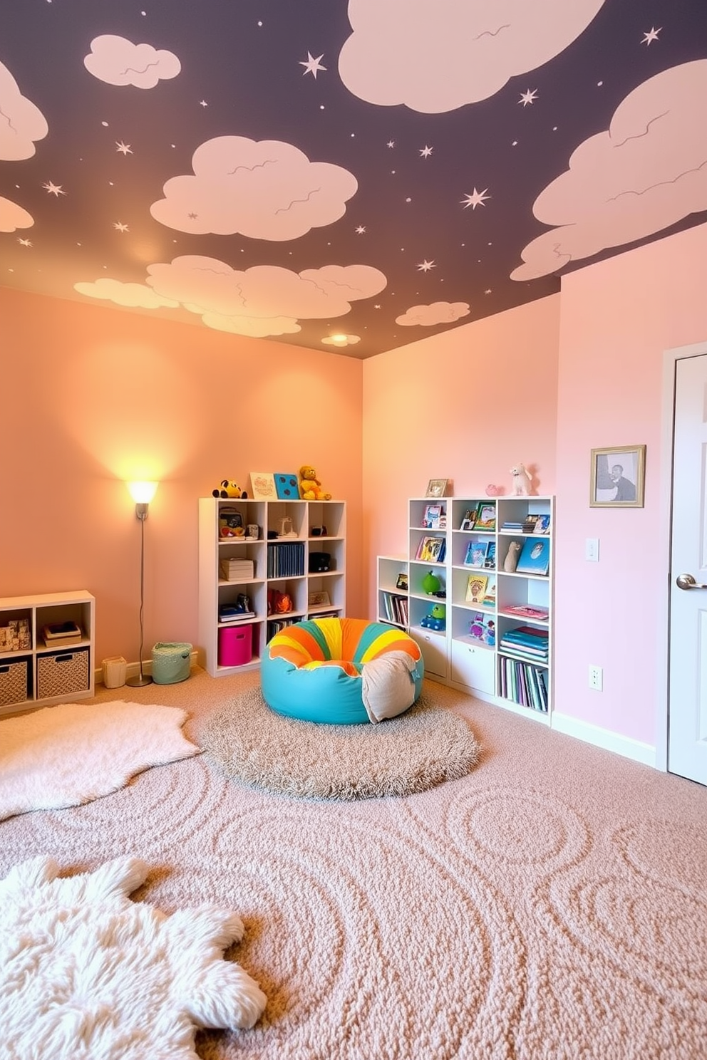 A warm playroom filled with soft lighting creates a cozy atmosphere ideal for relaxation and play. The walls are painted in a soft pastel color, and plush rugs cover the floor, inviting children to sit and play comfortably. In one corner, a large, colorful bean bag chair is surrounded by shelves filled with books and toys. A whimsical mural of clouds and stars adorns the ceiling, enhancing the playful spirit of the room.