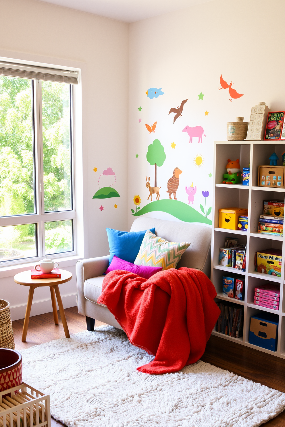 Cozy reading nook with soft cushions. A plush armchair is positioned next to a large window, allowing natural light to flood the space. Colorful throw pillows and a warm blanket are draped over the armchair, inviting relaxation. A small side table holds a stack of books and a steaming cup of tea, creating an inviting atmosphere. Labor Day Playroom Decorating Ideas. Brightly colored wall decals of playful animals and nature scenes adorn the walls, adding a cheerful touch. A large, soft rug covers the floor, providing a safe play area, while shelves filled with toys and games encourage creativity and fun.