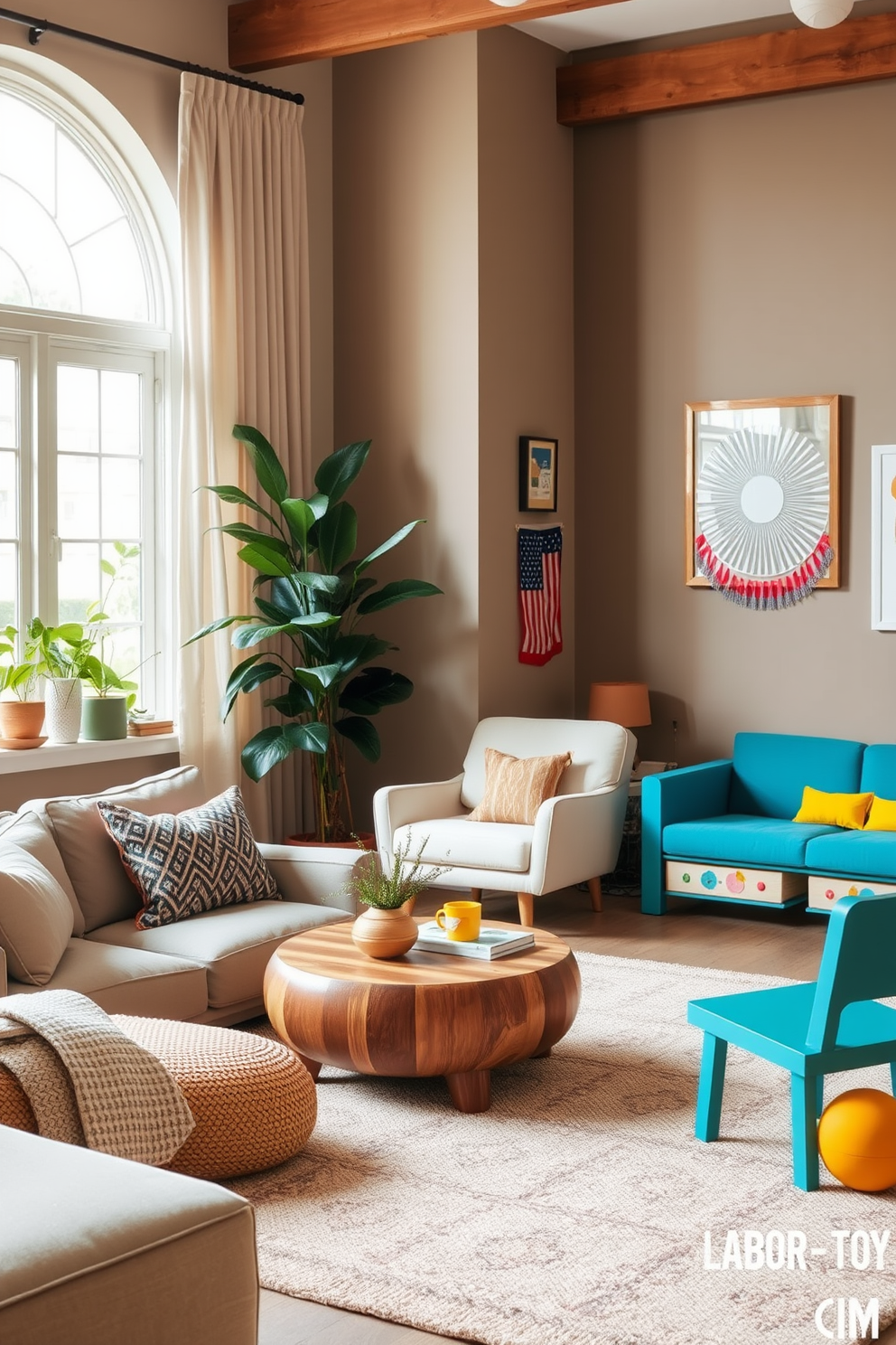 A serene living room that embraces nature-inspired decor. Soft earth tones dominate the color palette, with a large indoor plant in the corner and natural wood accents throughout the space. A vibrant playroom designed for Labor Day celebrations. Brightly colored furniture and playful wall art create an inviting atmosphere, while cozy seating areas encourage creativity and fun.