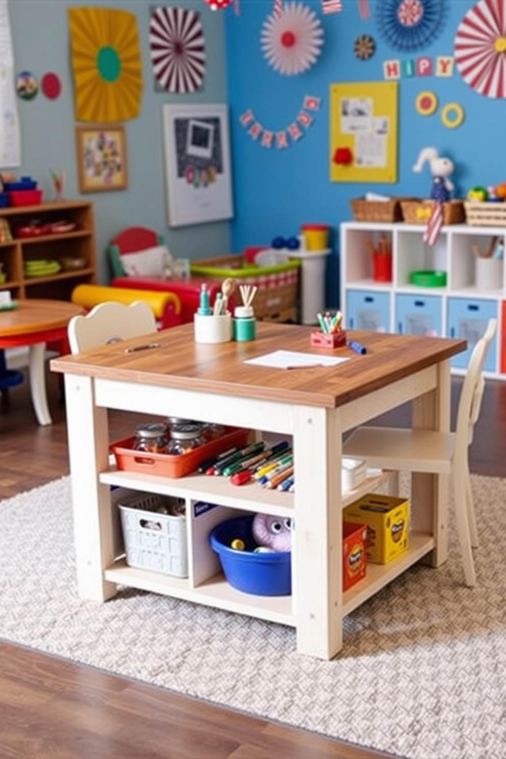 A creative craft table designed for hands-on projects. The table features a sturdy wooden surface with ample storage underneath for supplies and tools. A vibrant playroom decorated for Labor Day. The space includes colorful wall art, playful furniture, and festive decorations that celebrate the holiday spirit.