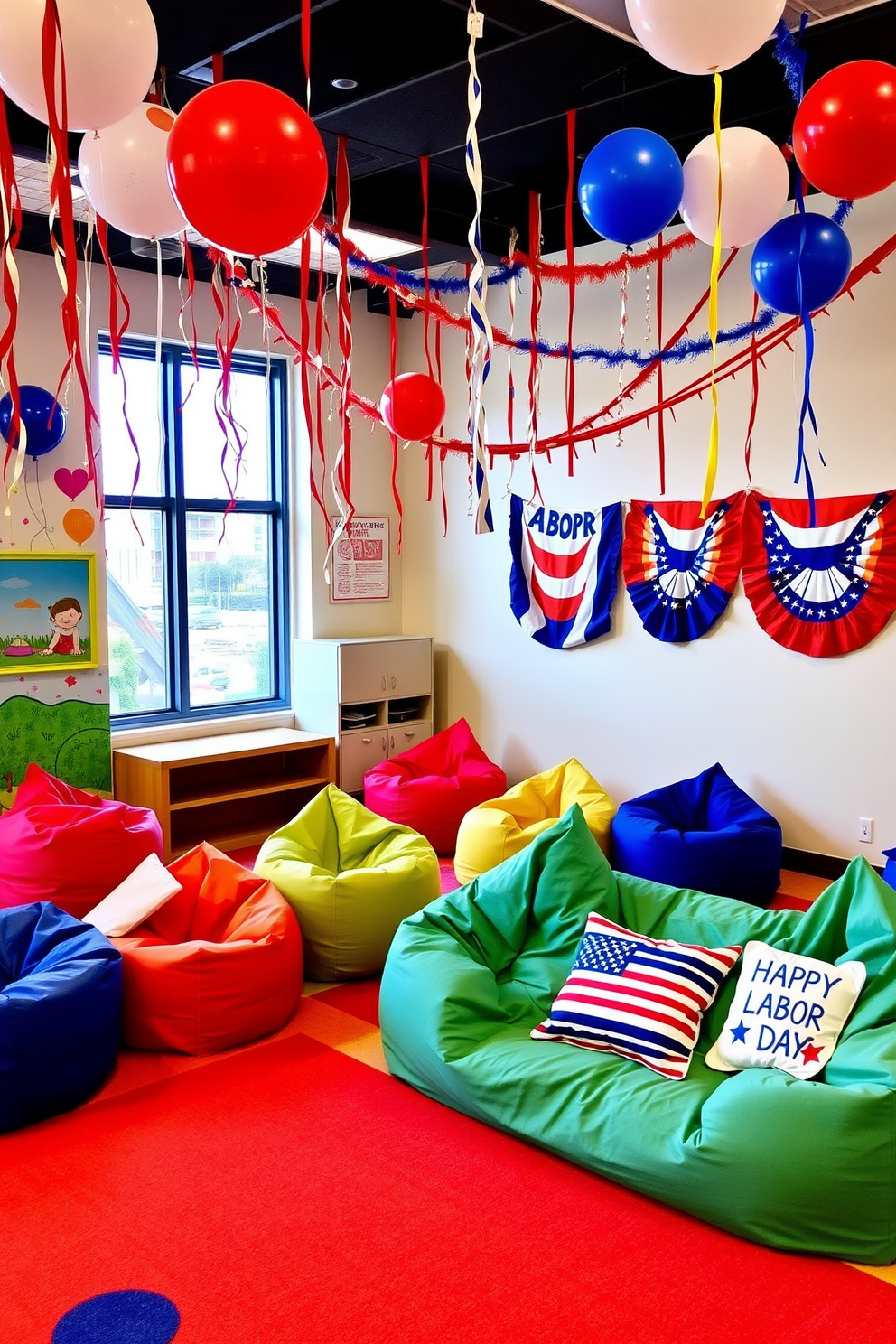 Colorful bean bags are scattered throughout the playroom, creating a fun and inviting atmosphere for children. The vibrant colors of the bean bags complement the playful wall art and bright rugs, making the space feel lively and energetic. For Labor Day, the playroom is decorated with festive red, white, and blue accents. Streamers and balloons in patriotic colors hang from the ceiling, while themed cushions add a cozy touch to the seating area.