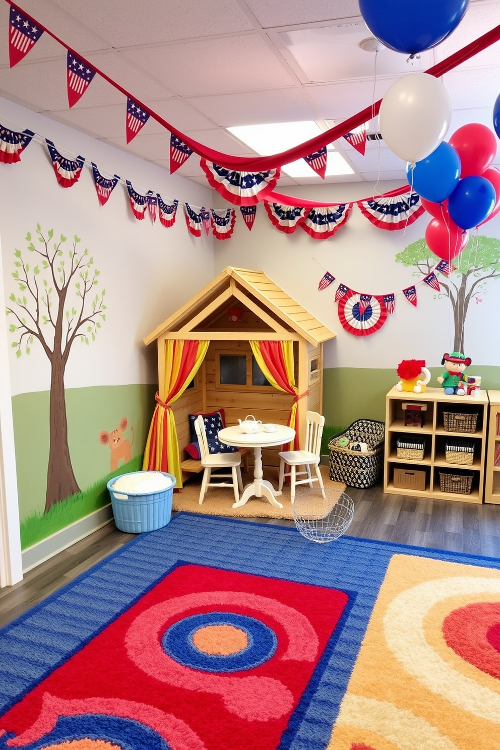 A whimsical playhouse corner designed for pretend play. It features a cozy wooden playhouse with colorful curtains and a small table set for tea. The walls are adorned with cheerful murals of trees and animals. Soft, plush rugs in vibrant colors cover the floor, providing a comfortable play area for children. For Labor Day, the playroom is decorated with festive red, white, and blue accents. Banners and balloons hang from the ceiling, creating a celebratory atmosphere for family gatherings.