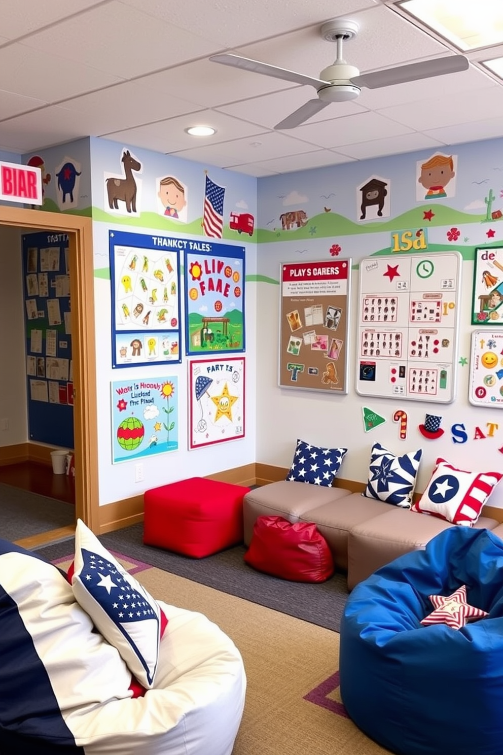 A vibrant playroom filled with interactive wall games designed for engagement. The walls are adorned with colorful murals and magnetic boards, providing a fun and stimulating environment for children to explore. For Labor Day, the playroom is decorated with festive red, white, and blue accents. Cozy seating areas with bean bags and patriotic-themed cushions invite kids to relax and enjoy their time.