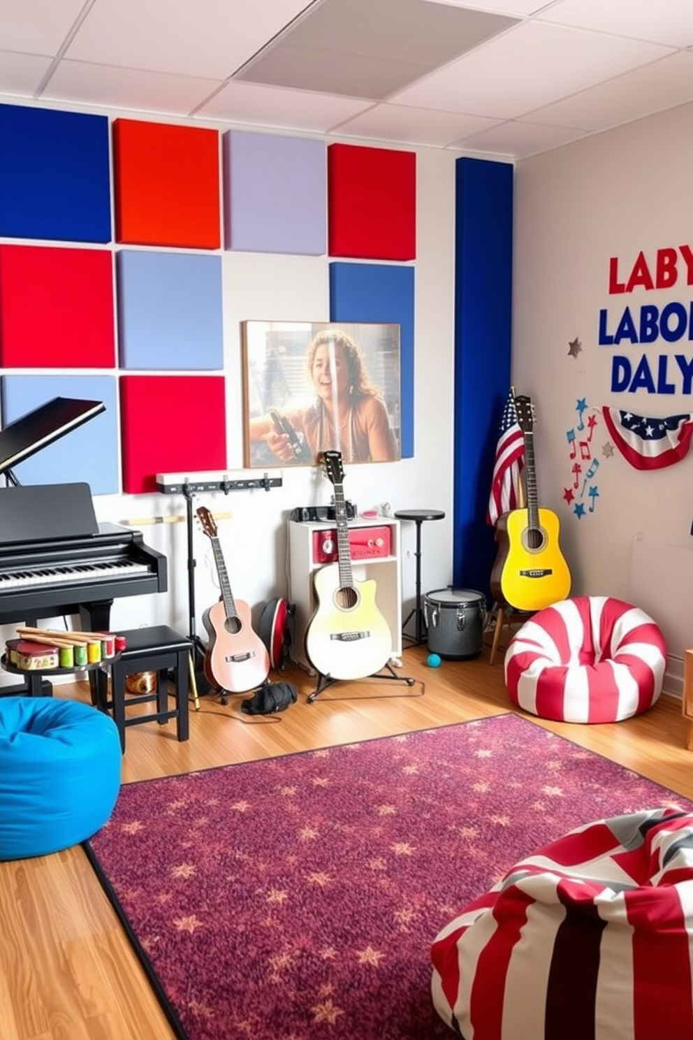 A vibrant music corner filled with various instruments including a grand piano, a guitar, and a set of colorful percussion instruments. The walls are adorned with soundproof panels in bright colors, and a cozy rug sits on the floor to create a welcoming atmosphere. A playful Labor Day playroom decorated with red, white, and blue accents. The space features a large play mat, bean bag chairs, and festive wall art celebrating the holiday spirit.