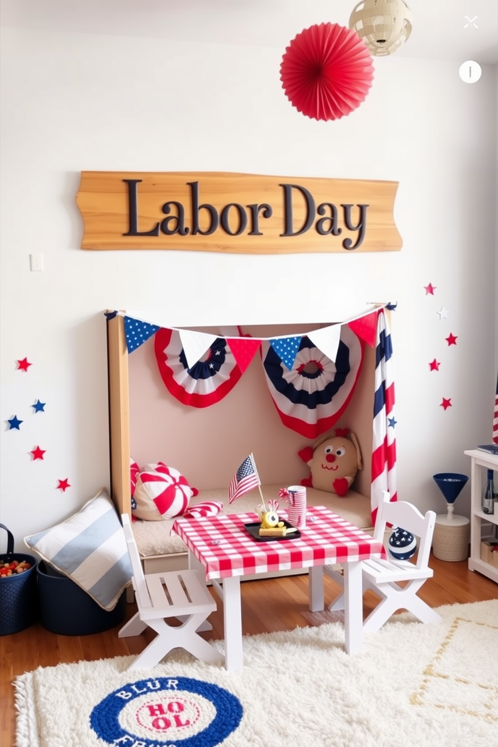 A personalized name sign crafted from natural wood hangs above a cozy play area, showcasing a whimsical font that reflects the child's personality. The sign is complemented by colorful wall decals and plush rugs, creating a warm and inviting atmosphere for play. For Labor Day, the playroom is adorned with festive decorations, featuring red, white, and blue accents throughout the space. A picnic-themed setup with a small table and chairs invites children to enjoy snacks and games, celebrating the holiday in style.