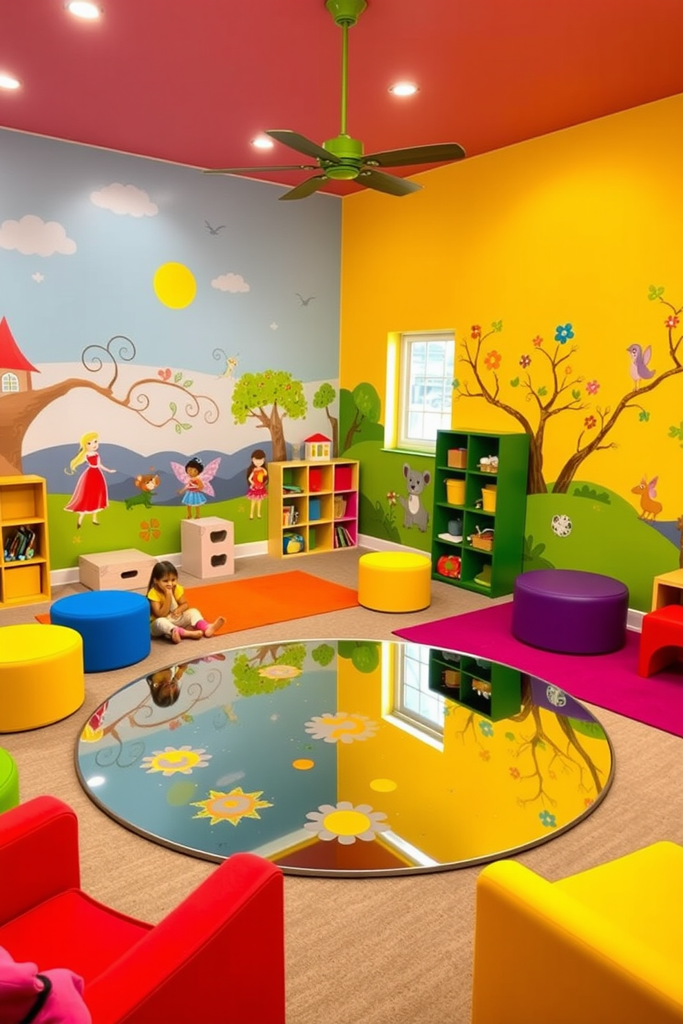 A vibrant playroom filled with color and creativity. The focal point is a large floor mirror that reflects playful designs and encourages imaginative play. The walls are adorned with whimsical murals depicting scenes from fairy tales. Brightly colored rugs and soft seating create a cozy area for children to gather and explore their creativity.