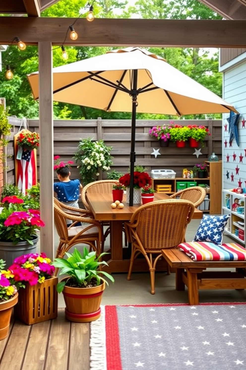 Outdoor themed decor for fresh air vibes. Imagine a cozy patio area with a large wooden dining table surrounded by comfortable wicker chairs. The space is adorned with hanging string lights and potted plants filled with vibrant flowers. A large umbrella provides shade, and a rustic wooden bench is placed nearby for relaxation. Labor Day playroom decorating ideas. Envision a bright and cheerful playroom with colorful wall decals of stars and stripes. The room features a soft area rug in red, white, and blue, with a variety of toys neatly organized on open shelves.