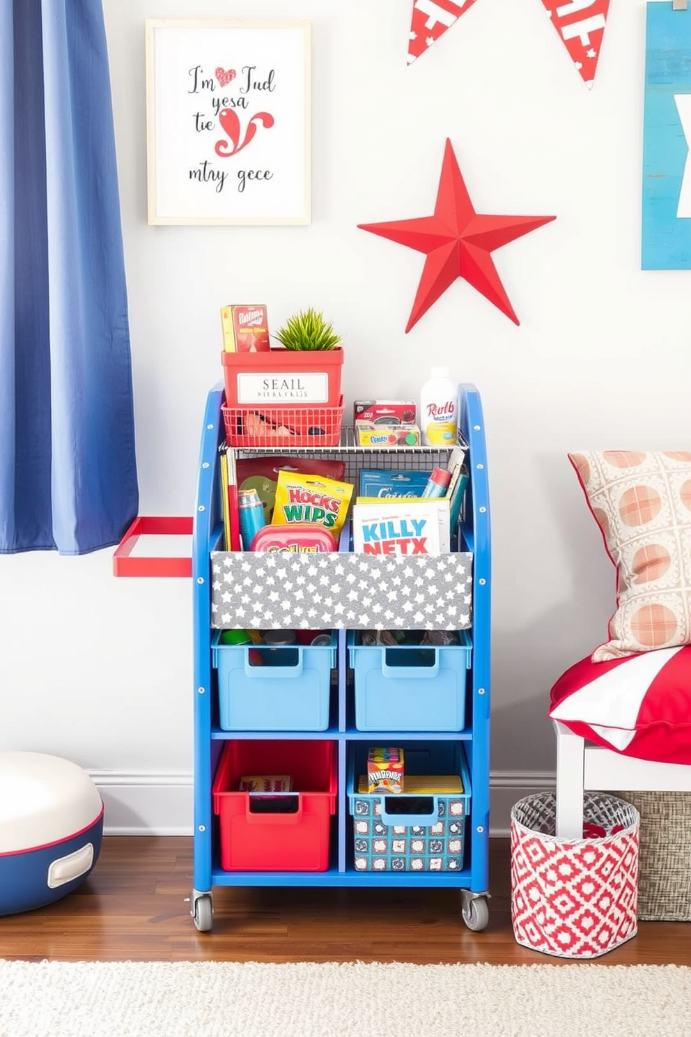 An activity cart for mobile play supplies is designed with vibrant colors and playful patterns. It features multiple compartments for storing toys, art supplies, and games, making it easy for children to access their favorite activities. For Labor Day playroom decorating ideas, incorporate red, white, and blue accents throughout the space. Use themed wall art, festive cushions, and playful banners to create a celebratory atmosphere while ensuring the room remains functional and inviting for play.