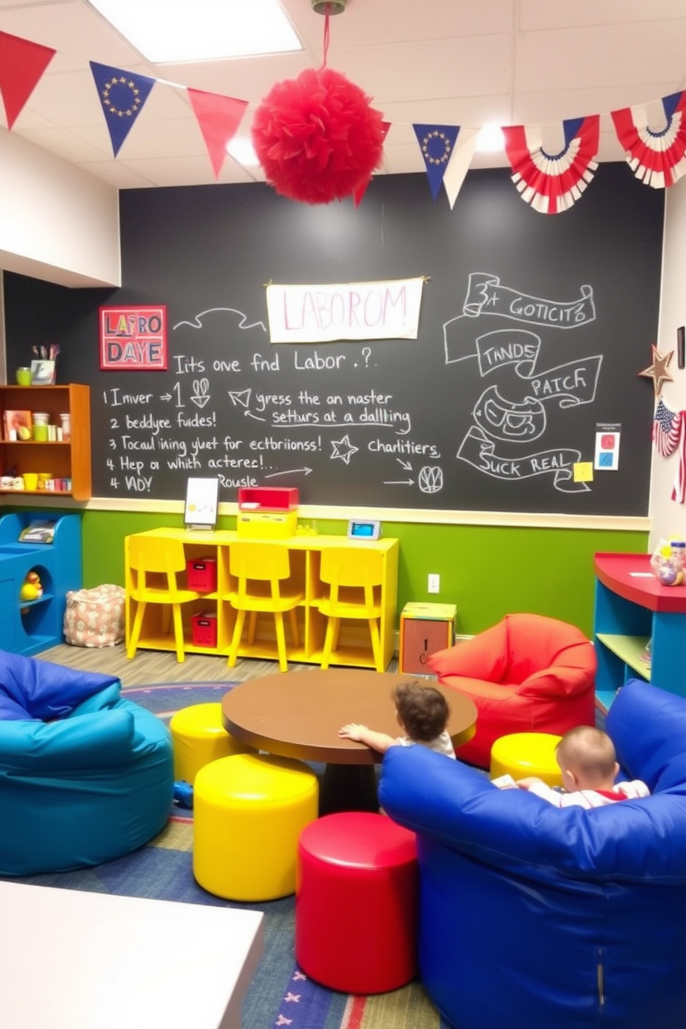 A vibrant playroom features an interactive chalkboard wall that encourages creativity and self-expression. The space is filled with colorful furniture, including bean bags and a low table, creating an inviting atmosphere for children to explore their artistic side. For Labor Day, the playroom is decorated with festive themes, incorporating red, white, and blue accents throughout the space. Banners and playful decorations celebrate the holiday while maintaining a fun and engaging environment for kids.