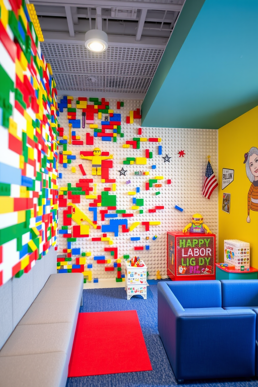 A vibrant Lego wall designed for a creative building space. The wall features a variety of colorful Lego bricks arranged in an engaging pattern, encouraging imaginative play and construction. A playful Labor Day themed playroom decorated with bright colors and festive elements. The space includes comfortable seating, fun wall art, and interactive toys to celebrate the holiday spirit while providing a joyful environment for children.