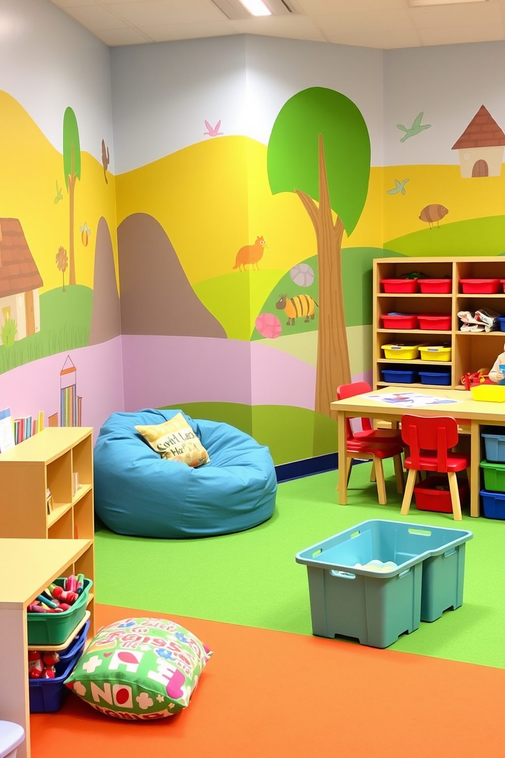 A vibrant play zone designed for children’s creativity and fun. The space features colorful wall murals depicting whimsical scenes, with soft foam flooring for safety. In one corner, a cozy reading nook is created with oversized bean bags and a small bookshelf filled with storybooks. Adjacent to it, a craft station is set up with a large table, art supplies, and storage bins for organized play.