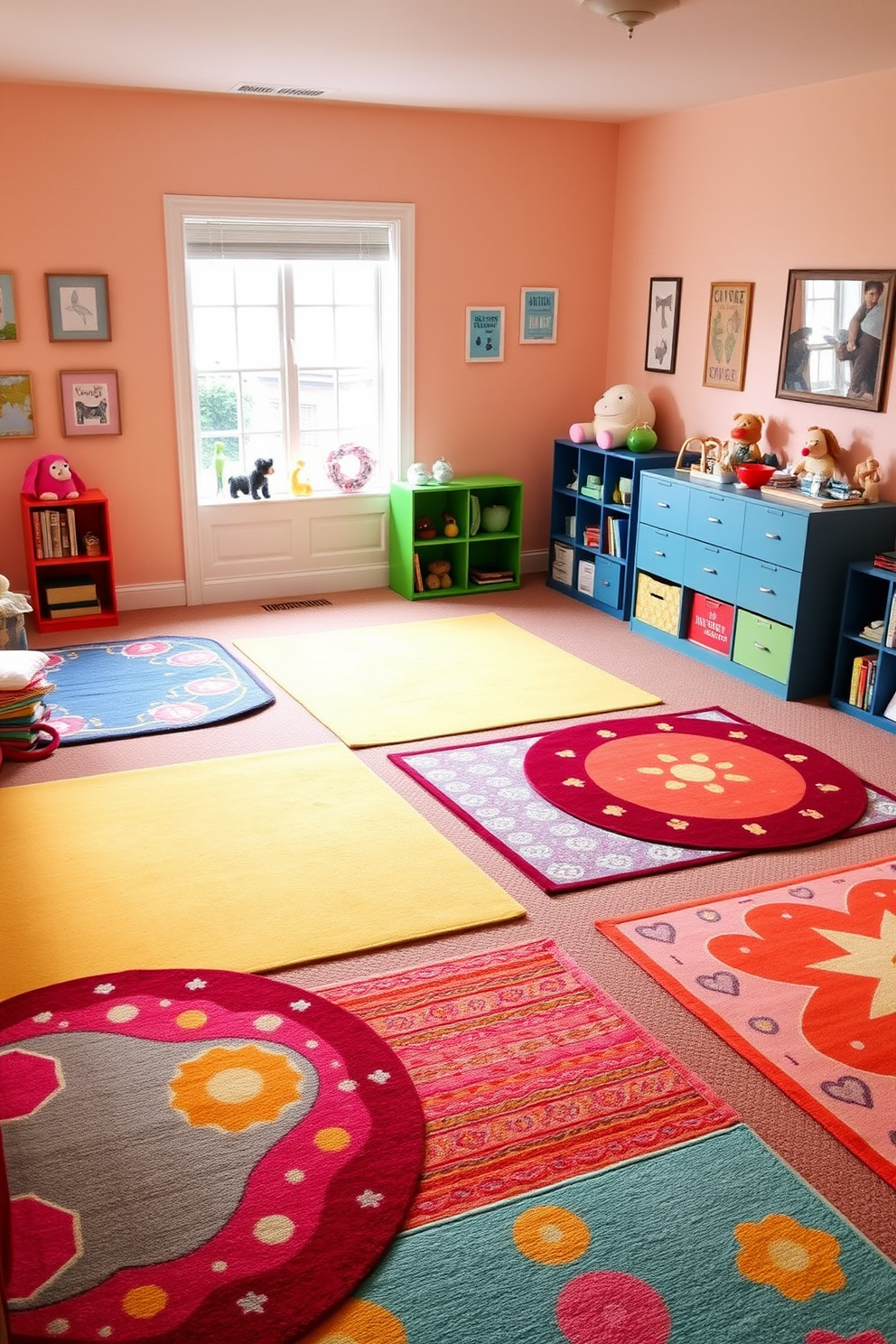 A vibrant playroom filled with colorful rugs that delineate distinct play areas. Each rug showcases a unique pattern and color, creating an inviting and cheerful atmosphere for children to explore and play. The walls are painted in soft pastel shades, complementing the lively hues of the rugs. Various playful decor elements, such as wall art and stuffed animals, add to the whimsical charm of the space.