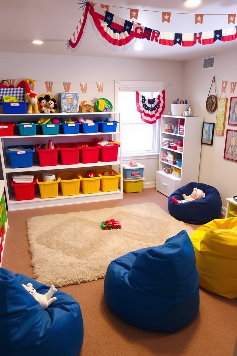 A playful and organized playroom featuring colorful toy storage bins that are easily accessible for children. The bins are arranged on shelves, with a soft, plush rug in the center of the room to create a cozy play area. Labor Day themed decorations adorn the walls, including red, white, and blue banners and playful artwork. A comfortable seating area with bean bags invites relaxation and socializing among friends and family.