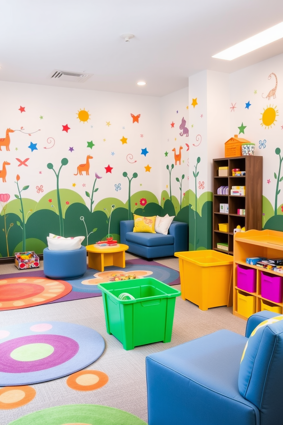 A vibrant playroom filled with energy and creativity. The walls are adorned with colorful wall decals featuring whimsical animals and playful shapes, creating an inviting atmosphere for children. The space is designed with a mix of soft seating and playful rugs to encourage comfort and play. Brightly colored storage bins are scattered throughout, providing a fun and organized way to keep toys and games accessible.