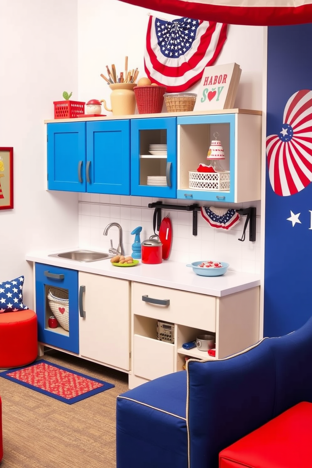 A whimsical play kitchen designed for imaginative cooking games. Brightly colored cabinets and countertops are filled with miniature utensils and play food, creating an inviting space for children to explore their culinary creativity. A vibrant Labor Day playroom decorated with festive red, white, and blue accents. Cozy seating areas and playful wall art celebrate the holiday while providing a fun and engaging environment for kids to enjoy.