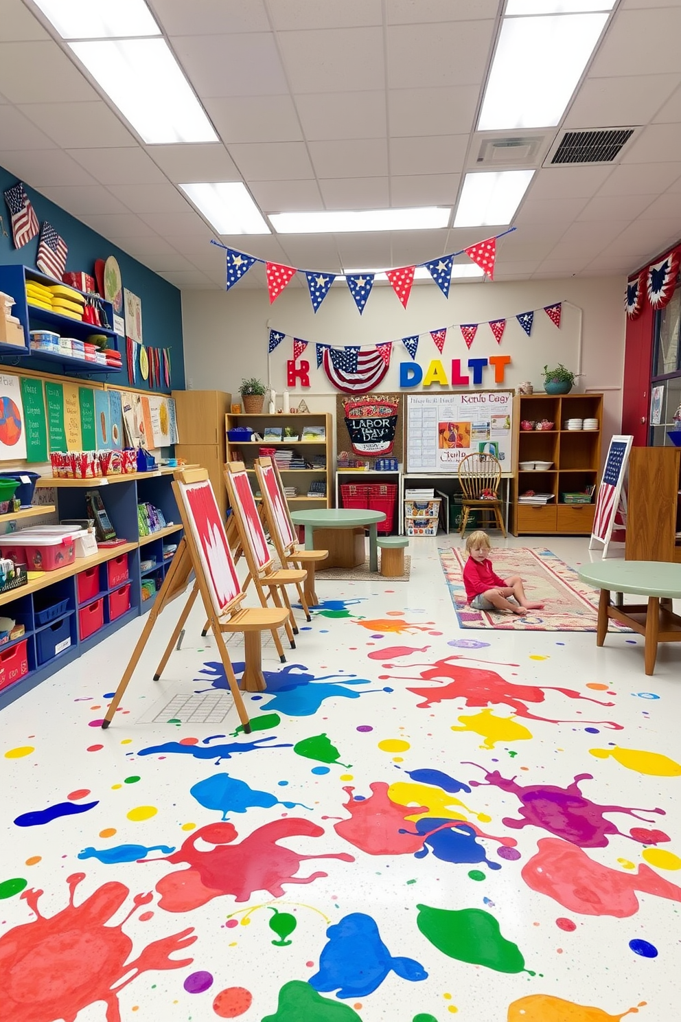 An art station filled with vibrant supplies and easels. The space is bright and inviting, with colorful paint splatters on the floor and walls adorned with inspiring artwork. A fun and playful Labor Day-themed playroom. The decor includes red, white, and blue accents, along with festive banners and comfortable seating for kids to enjoy their activities.