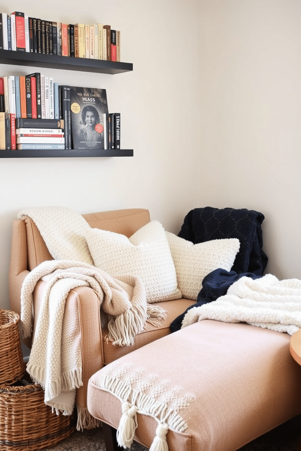 Cozy armchair with soft throw blankets. The armchair is upholstered in a warm, neutral fabric and is surrounded by an assortment of plush throw blankets in various textures and colors. Labor Day Reading Nook Decorating Ideas. The nook features a comfortable chaise lounge, a small side table for drinks, and a collection of books displayed on floating shelves.