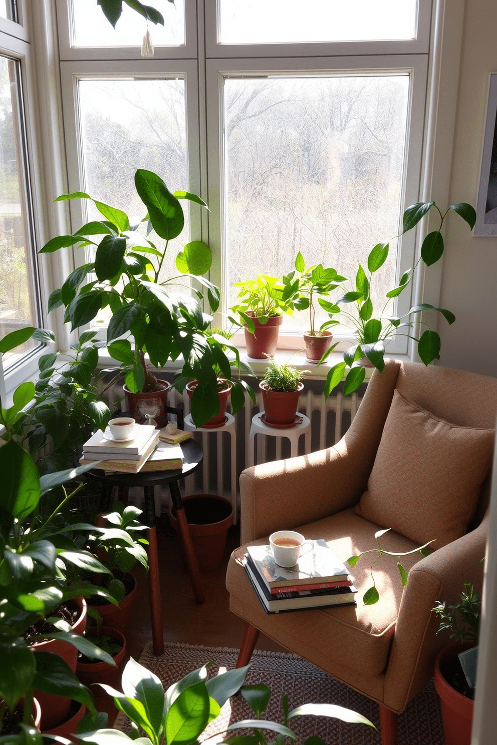 A cozy reading nook filled with natural light. A comfortable armchair is placed next to a small side table, adorned with a stack of books and a steaming cup of tea. Potted plants in various sizes are strategically arranged around the space. Lush green foliage adds a vibrant touch, creating a fresh and inviting atmosphere.