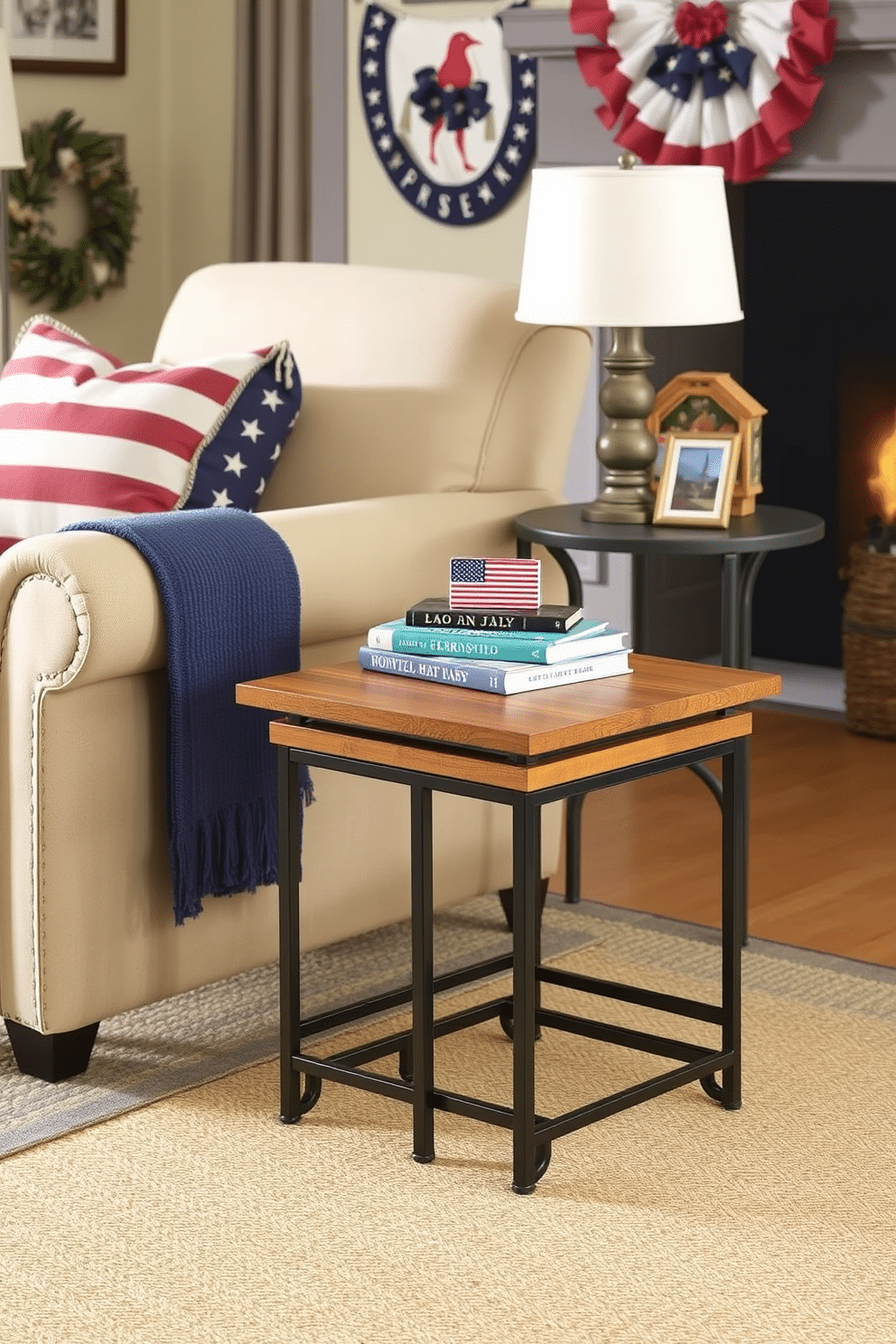 Nesting tables arranged in a cozy living room setting. The tables feature a mix of wood and metal finishes, providing both convenience and style while complementing the surrounding decor. A comfortable reading nook decorated for Labor Day. A plush armchair is paired with a small side table, adorned with seasonal decorations and a stack of books, inviting relaxation and enjoyment.