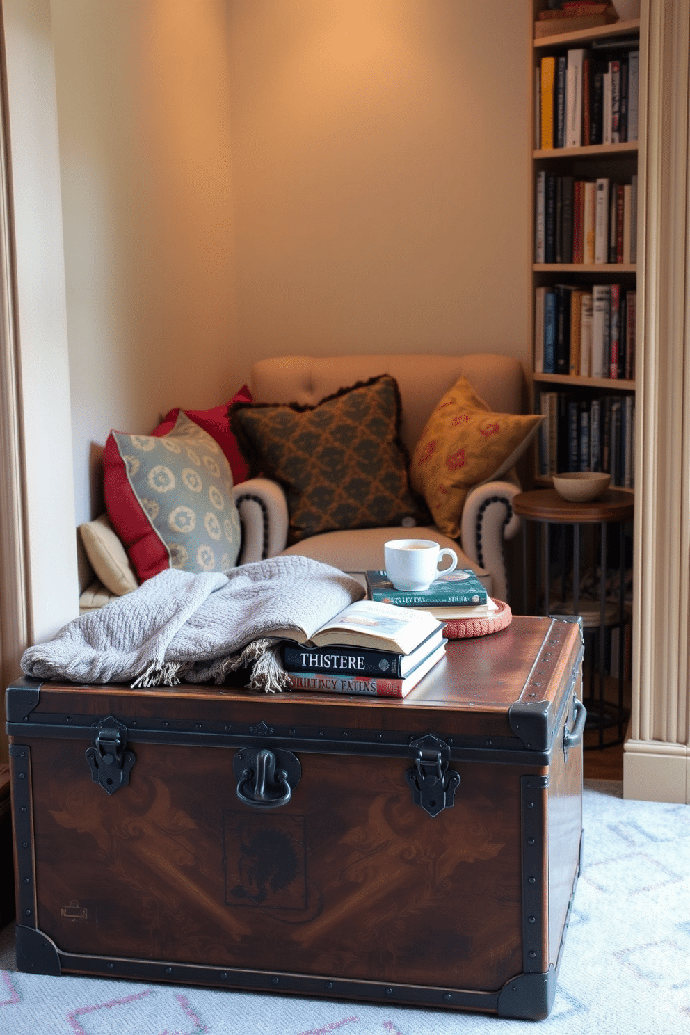 A vintage trunk is placed at the foot of a cozy reading nook, providing hidden storage for blankets and books. Surrounding the trunk, a plush armchair invites relaxation, complemented by a small side table holding a steaming cup of tea. The nook is adorned with soft, warm lighting that creates an inviting atmosphere for reading. A collection of colorful cushions adds comfort and style, while a nearby bookshelf showcases an array of well-loved novels.