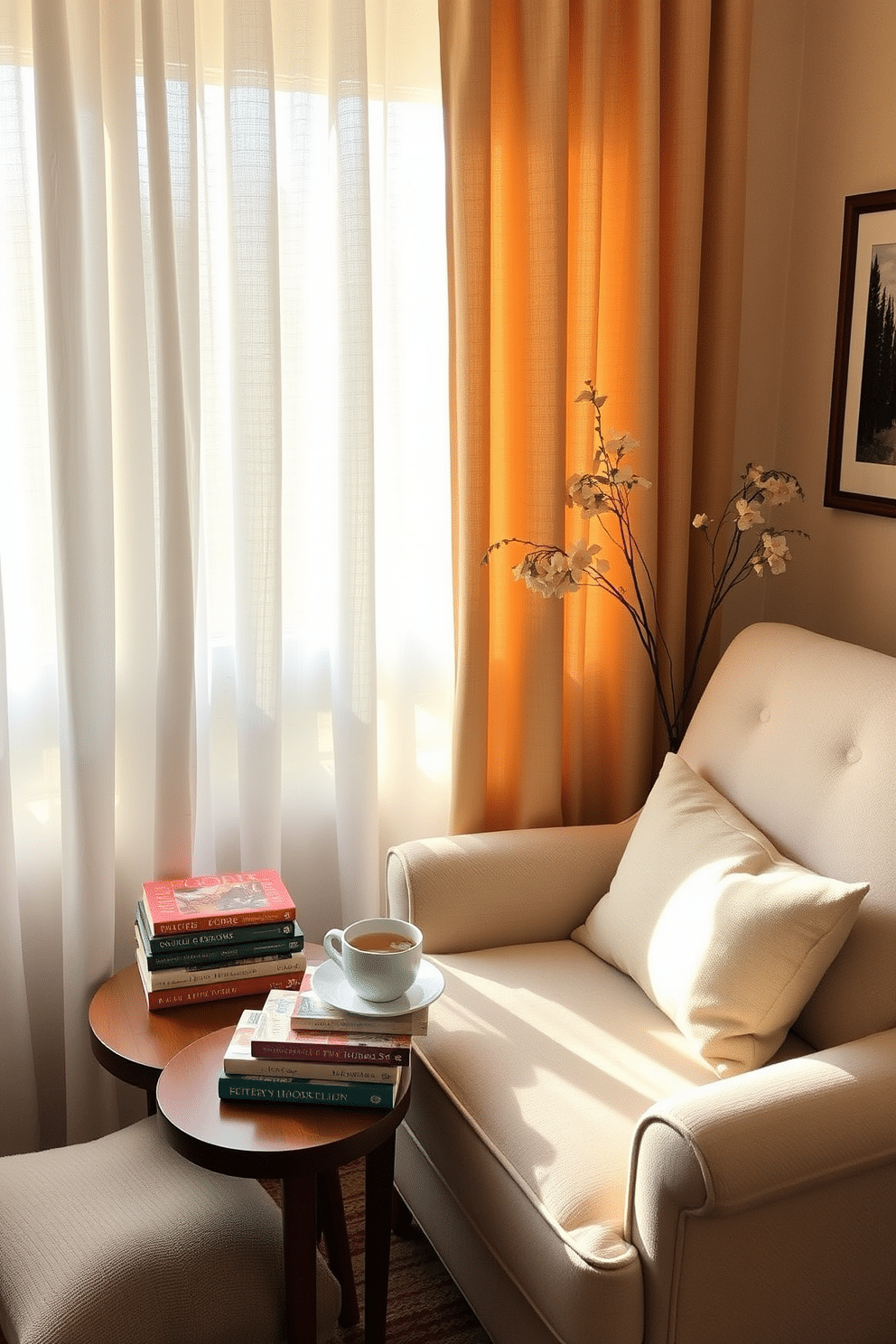 A cozy reading nook designed for Labor Day relaxation. Soft curtains gently filter sunlight, creating a warm and inviting atmosphere. A plush armchair is positioned next to a small wooden side table. A stack of colorful books and a steaming cup of tea rest on the table, inviting you to unwind.