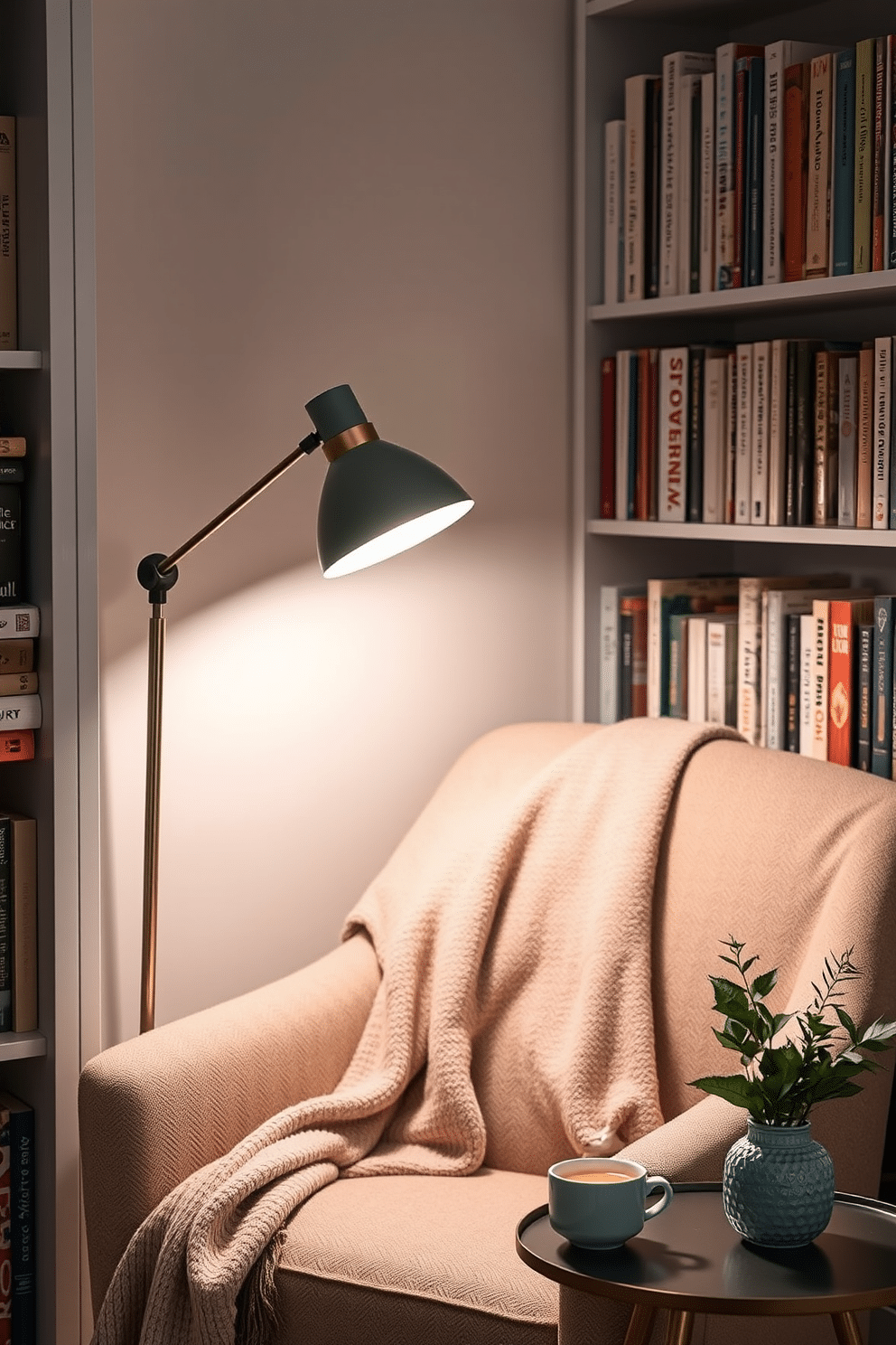 A cozy reading nook featuring a stylish reading lamp with adjustable brightness. The lamp is positioned next to a plush armchair draped with a soft blanket, creating an inviting atmosphere for relaxation. Surrounding the nook are shelves filled with an array of books in various genres. A small side table holds a steaming cup of tea and a decorative plant, enhancing the tranquil vibe of the space.