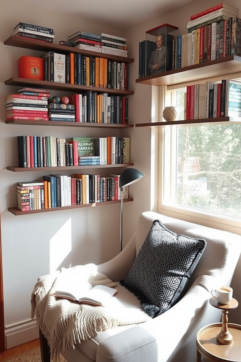 A cozy reading nook featuring wall-mounted bookshelves that maximize space efficiency. The shelves are filled with an array of colorful books and decorative items, creating an inviting atmosphere for relaxation. A plush armchair is positioned near a window, bathed in natural light, perfect for enjoying a good book. Soft throw pillows and a warm blanket add comfort, while a small side table holds a steaming cup of tea.