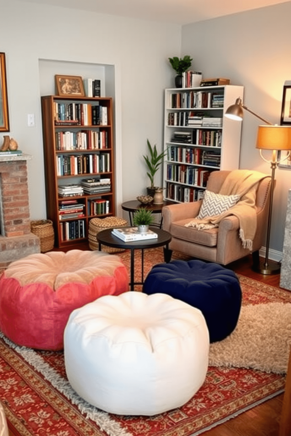 Comfortable poufs for extra seating. A cozy living room features a pair of colorful poufs arranged around a low coffee table. The poufs are made of soft fabric and come in various textures, providing both style and comfort. Surrounding the seating area are plush rugs and warm lighting that create an inviting atmosphere. Labor Day reading nook decorating ideas. A serene corner of the home showcases a well-curated reading nook with a plush armchair and a small side table. Soft throw blankets are draped over the chair, and a tall bookshelf filled with an array of books stands nearby, complemented by a warm floor lamp for perfect lighting.