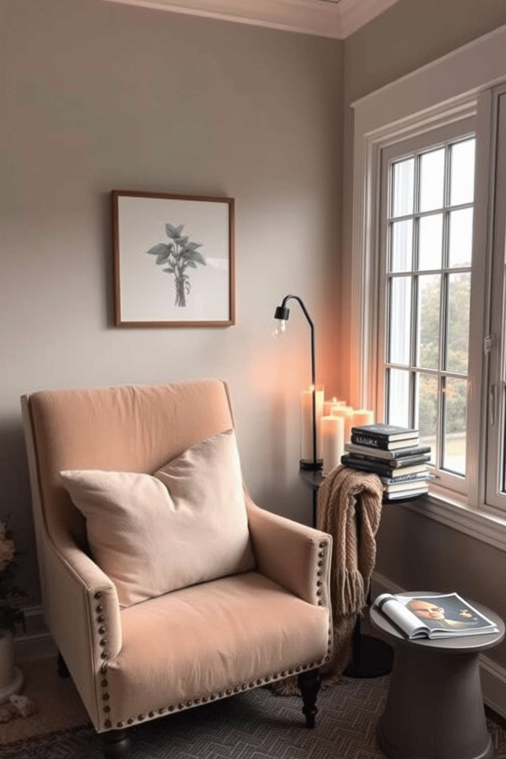 A cozy reading nook designed for relaxation. A plush armchair is positioned next to a large window, with a small side table holding an array of scented candles to create a calming ambiance. The walls are adorned with soft, muted colors that invite tranquility. A stack of books is neatly arranged on the side table, while a warm throw blanket drapes over the armchair, enhancing the inviting atmosphere.