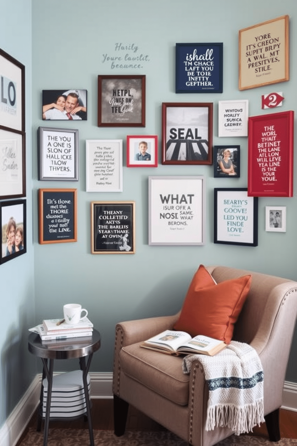 A gallery wall featuring favorite quotes. The wall is adorned with a mix of framed typography art and personal photographs, creating a vibrant and inspiring focal point. Labor Day reading nook decorating ideas. The nook includes a cozy armchair with plush cushions, a small side table for holding books and a steaming cup of tea, and a soft throw blanket draped over the armrest.