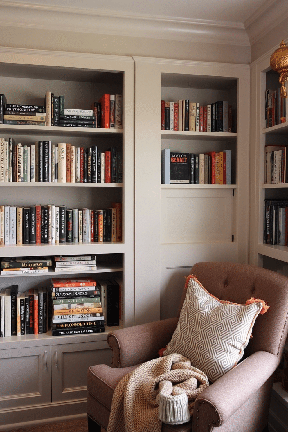 A cozy reading nook featuring built-in shelves filled with an array of favorite books. A plush armchair is positioned nearby, adorned with soft throw pillows and a warm blanket, inviting relaxation and enjoyment of literature.