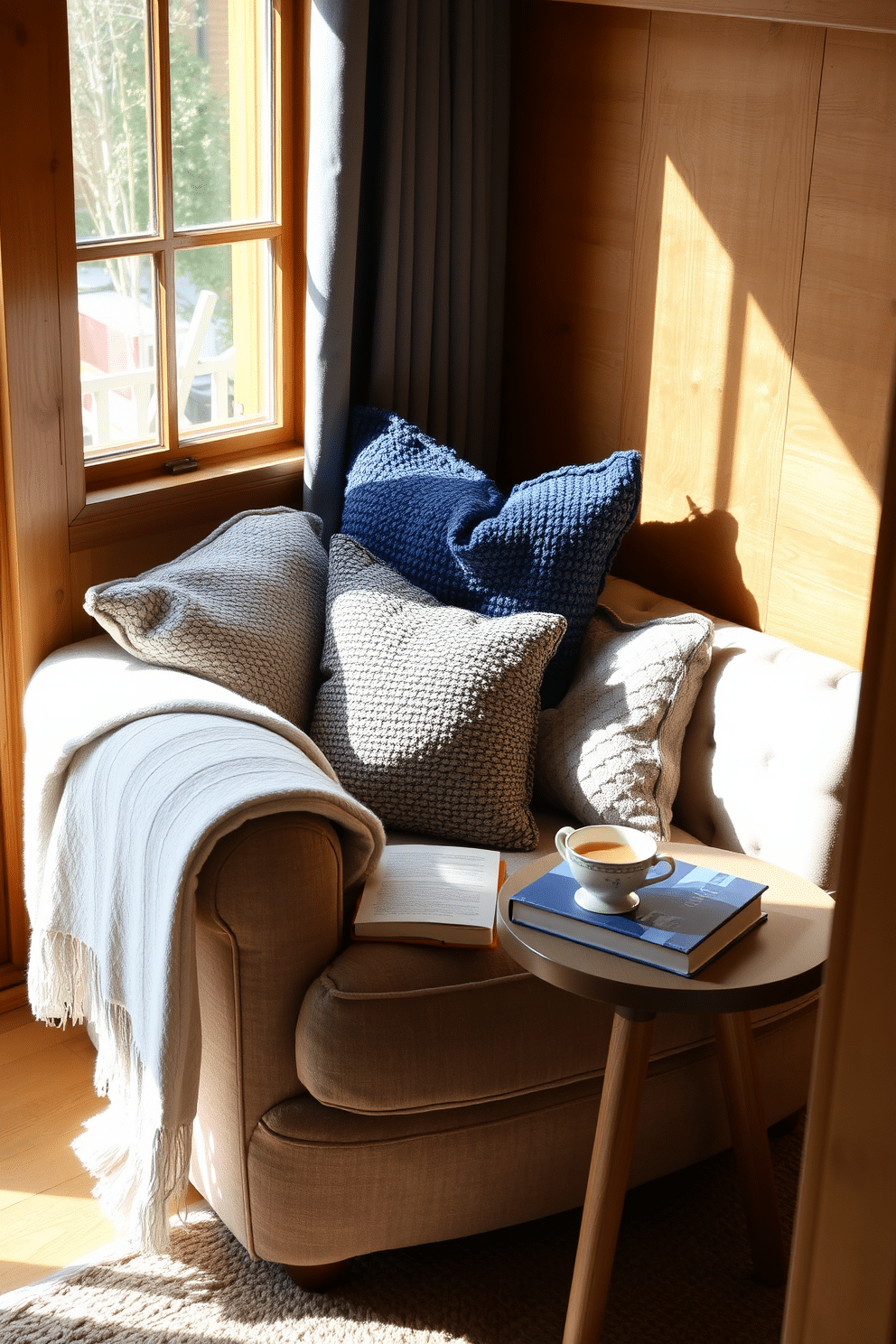 Textured pillows in various shades of blue and gray are scattered across a plush, oversized armchair, inviting relaxation. A soft throw blanket drapes over the armrest, enhancing the cozy atmosphere of the reading nook. A small side table holds a stack of books and a steaming cup of tea, creating the perfect spot for a leisurely afternoon. Natural light pours in through a nearby window, illuminating the nook and highlighting the warm wooden accents in the decor.