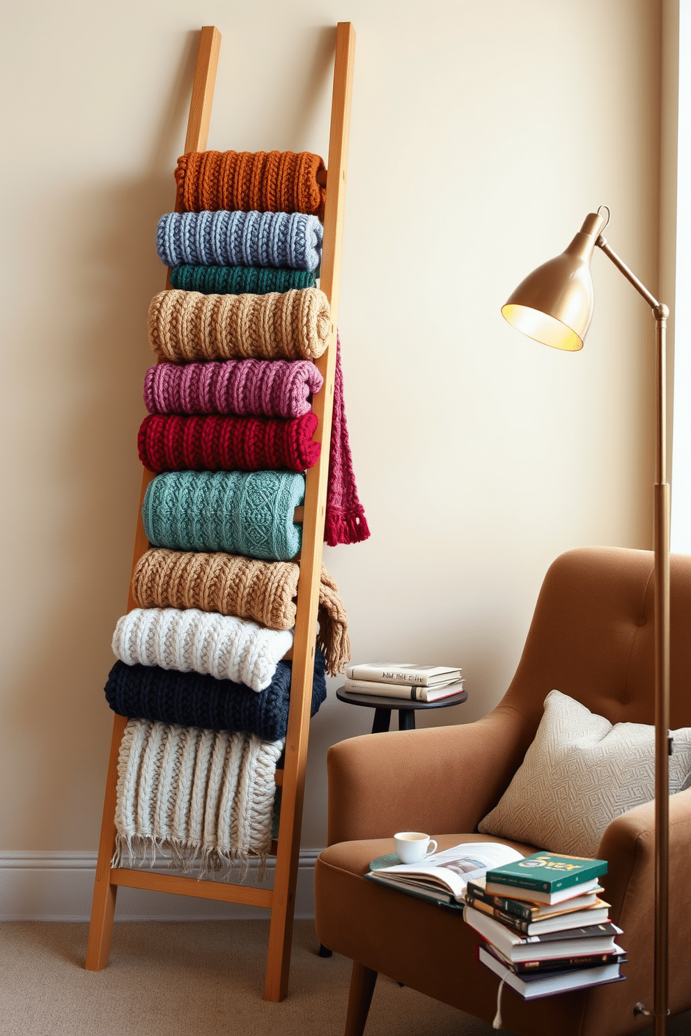 A cozy blanket ladder stands against a soft beige wall, showcasing an array of colorful knitted blankets. The ladder is made of natural wood, adding warmth to the space, and a plush armchair sits nearby, inviting relaxation. The reading nook features a small side table with a steaming cup of tea resting on it. A stylish floor lamp casts a warm glow, illuminating a stack of books waiting to be enjoyed.