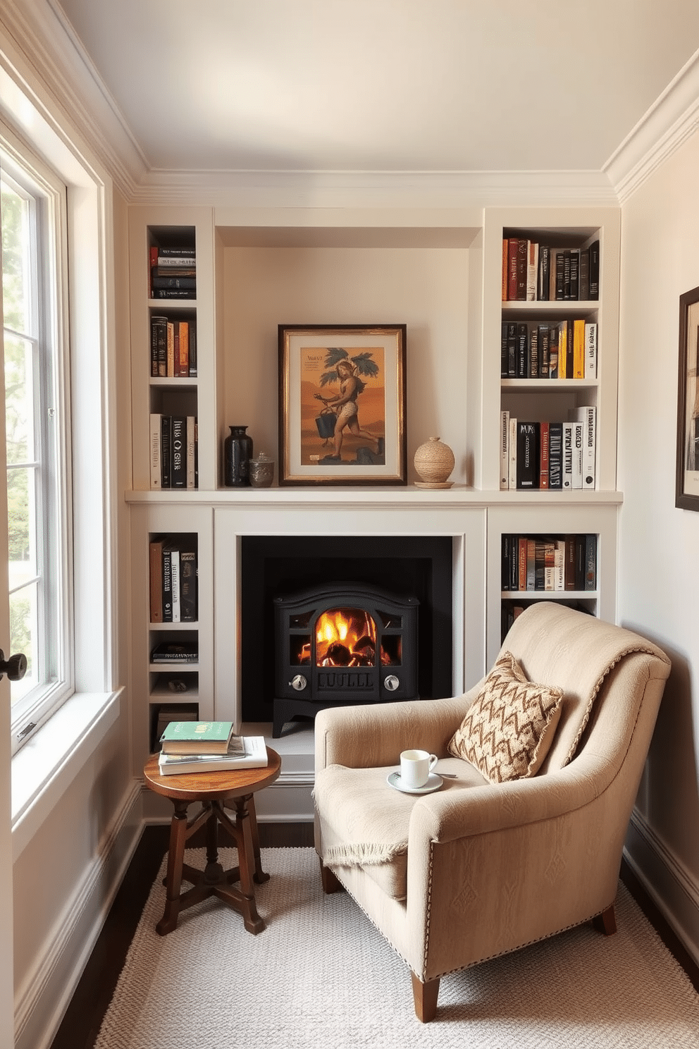 A cozy reading nook featuring a small fireplace that adds warmth and charm to the space. The nook includes a plush armchair draped with a soft throw blanket, positioned next to a small wooden side table holding a stack of books and a steaming cup of tea. Surrounding the fireplace, there are built-in bookshelves filled with a curated selection of novels and decorative items. The walls are painted in a soft cream color, and a large window allows natural light to flood in, enhancing the inviting atmosphere.