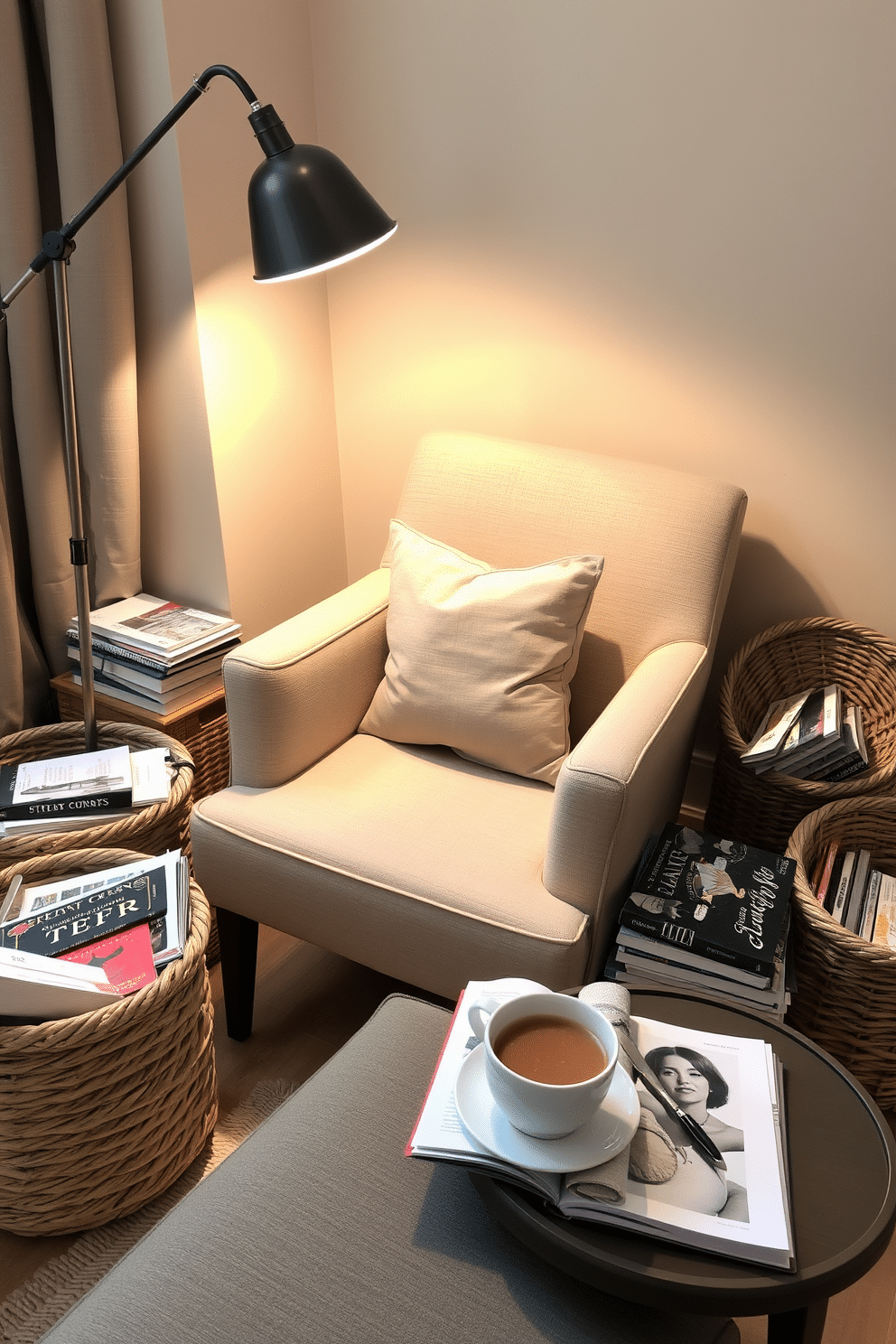 A cozy reading nook featuring a comfortable armchair upholstered in soft fabric. Surrounding the chair are decorative baskets made of natural fibers, filled with books and reading materials for easy access. The nook is illuminated by a stylish floor lamp that casts a warm glow. A small side table next to the chair holds a steaming cup of tea and a stack of magazines, creating an inviting atmosphere for relaxation.