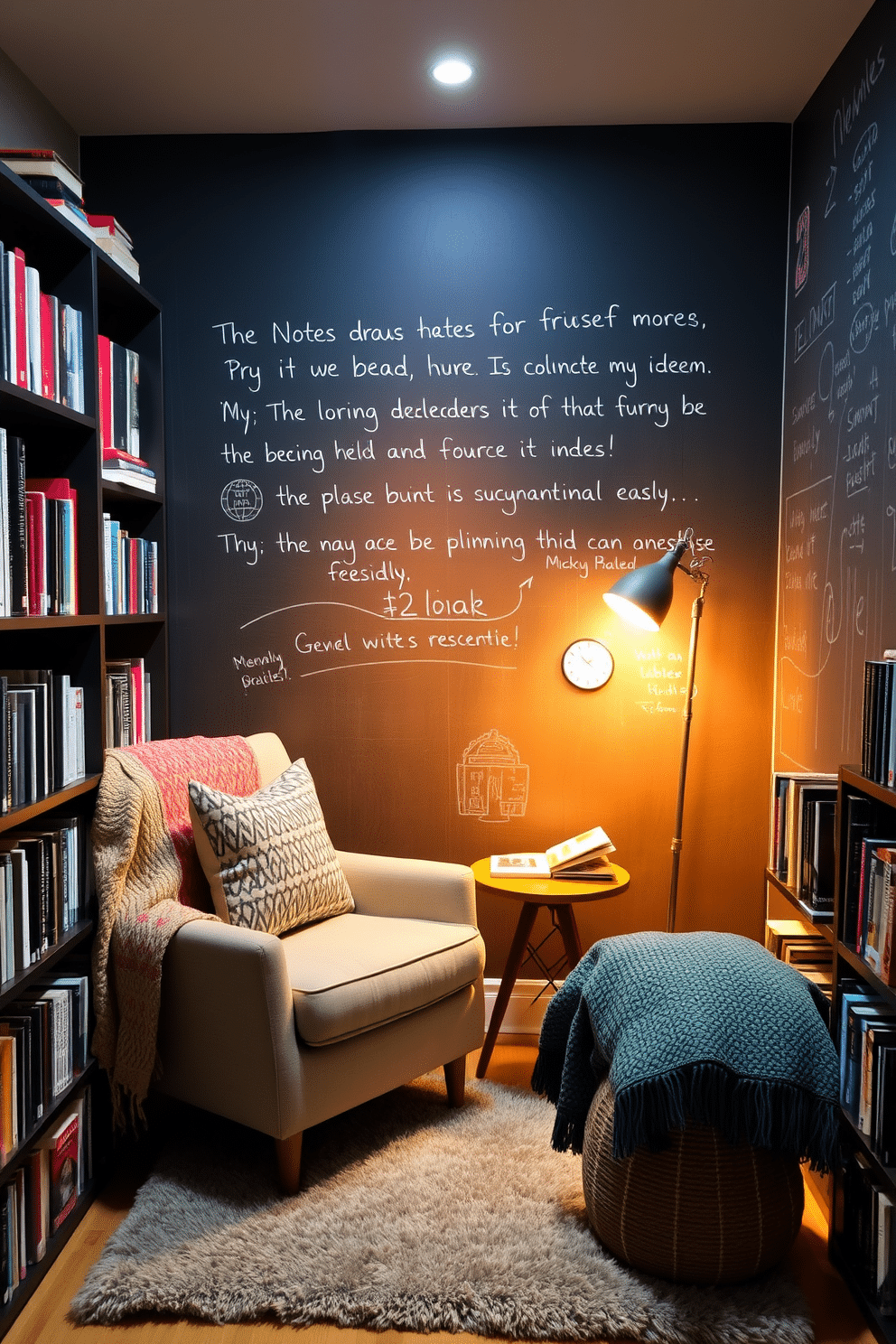 A cozy reading nook featuring a chalkboard wall where notes and ideas can be easily written. The space includes a comfortable armchair with soft cushions, a small side table for books, and warm ambient lighting. The reading nook is adorned with colorful throw blankets and a plush rug to create an inviting atmosphere. Shelves filled with books line the walls, complementing the chalkboard wall that serves as a creative canvas.