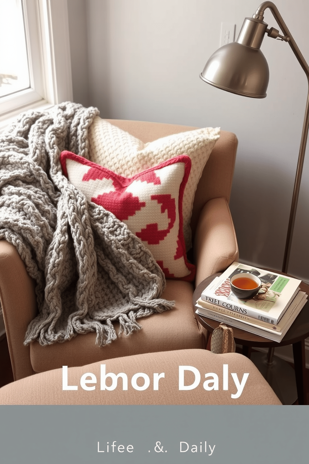 A cozy reading nook adorned with layered textiles invites relaxation and comfort. A plush armchair is draped with a chunky knit blanket, while decorative pillows in various patterns and textures add warmth to the space. Next to the armchair, a small side table holds a stack of books and a steaming cup of tea. Soft lighting from a nearby floor lamp creates an inviting atmosphere, perfect for enjoying a good read on Labor Day.