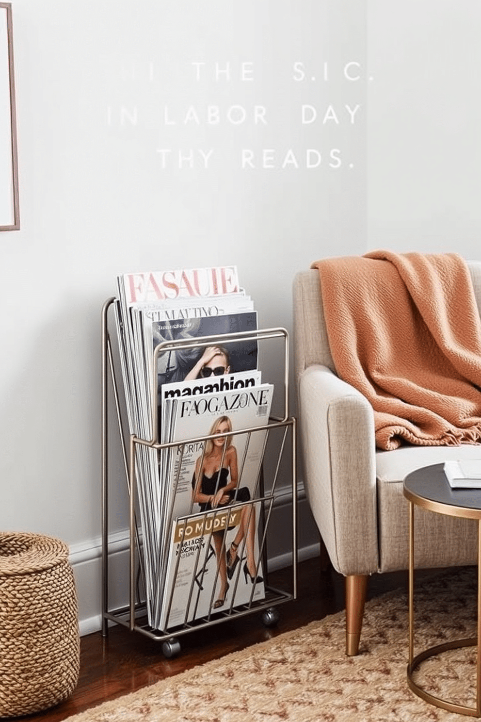 A stylish magazine rack made of sleek metal with a minimalist design stands in the corner of a cozy reading nook. It holds a curated selection of fashion and lifestyle magazines, inviting relaxation and inspiration. The reading nook features a plush armchair upholstered in soft fabric, accompanied by a small side table for drinks. A warm throw blanket drapes over the armchair, creating an inviting atmosphere perfect for enjoying Labor Day reads.